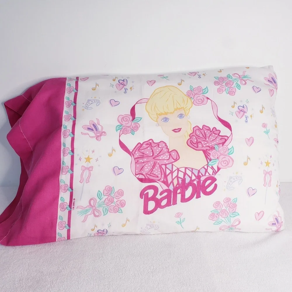 Vintage 1995 BARBIE Bed Pillow Case Twin Flat Sheet Ballerina Hearts Barbiecore
